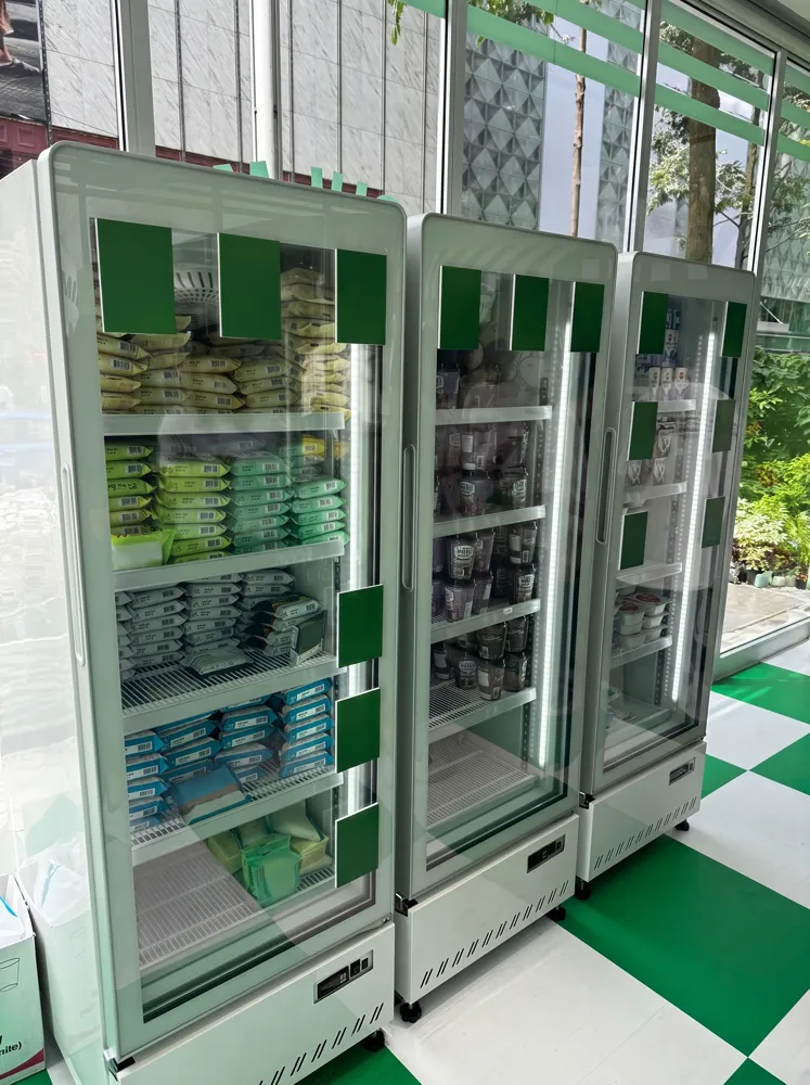AANRS display fridge rental Singapore, three chillers wrapped in matching green panels and stocked with packaged products at a pop-up