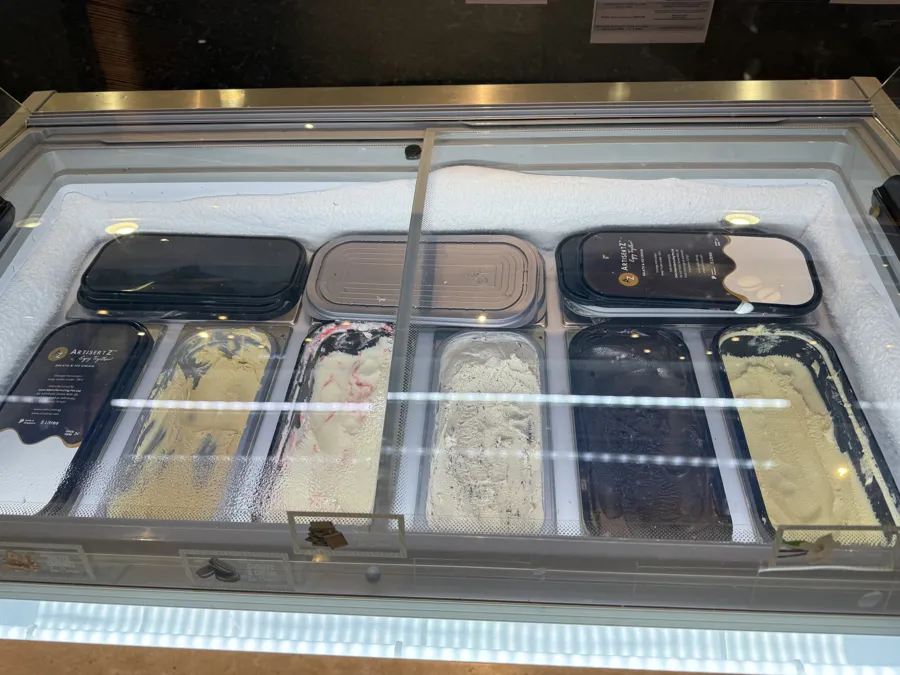 AANRS gelato freezer rental Singapore, close view through the glass lid at trays of ice cream inside a scooping freezer