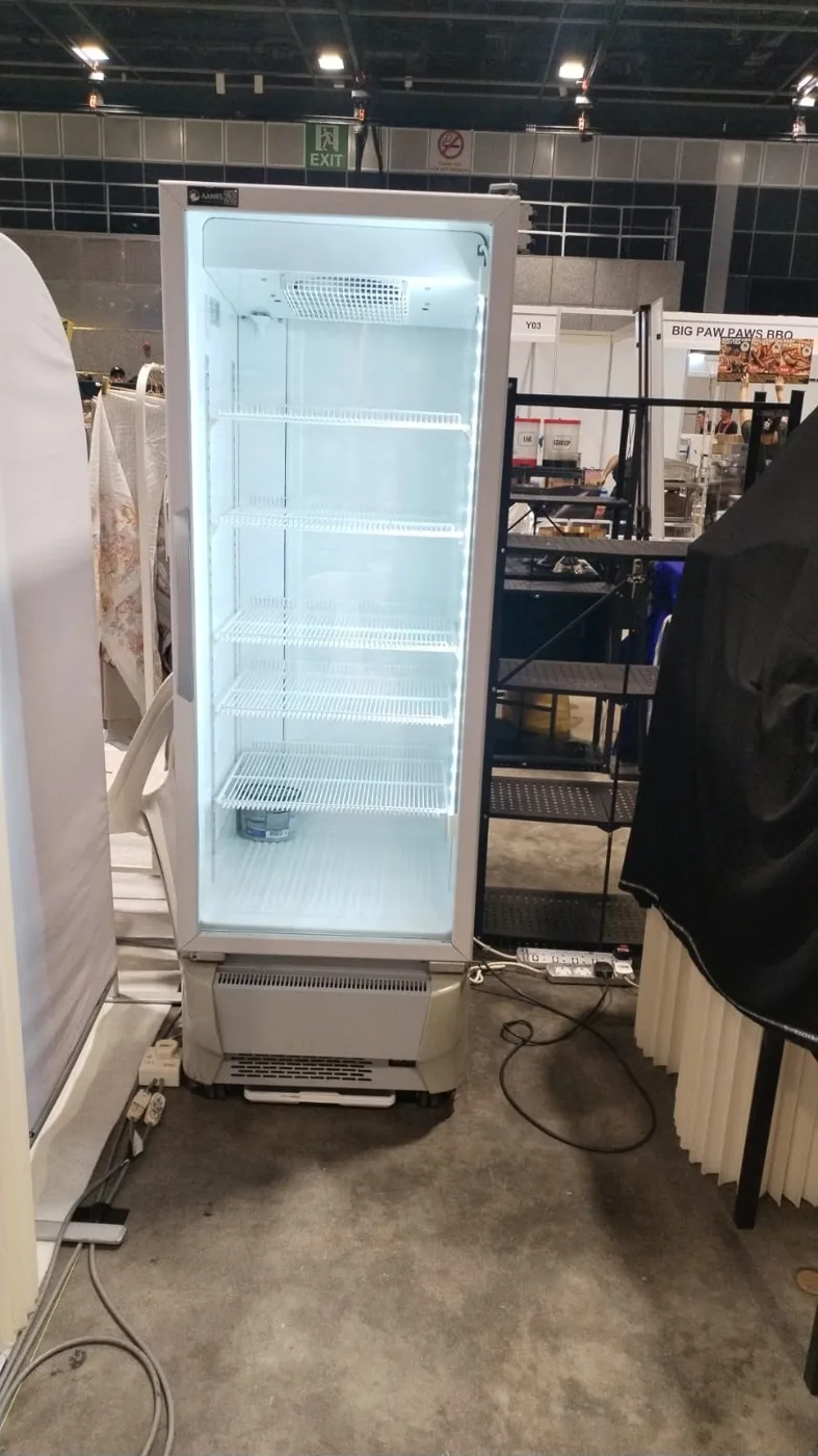 AANRS drink chiller rental Singapore, Panasonic 330L Glass Display 1 Door Drink Chiller, in use at a real Singapore event