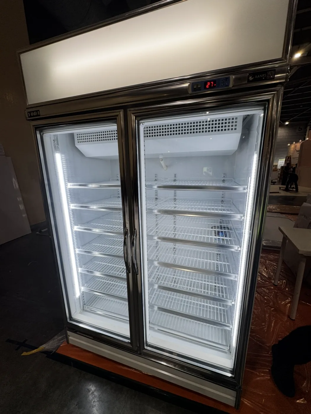 YUDA 970L Glass Display 2 Door Drink Chiller in use at a real event