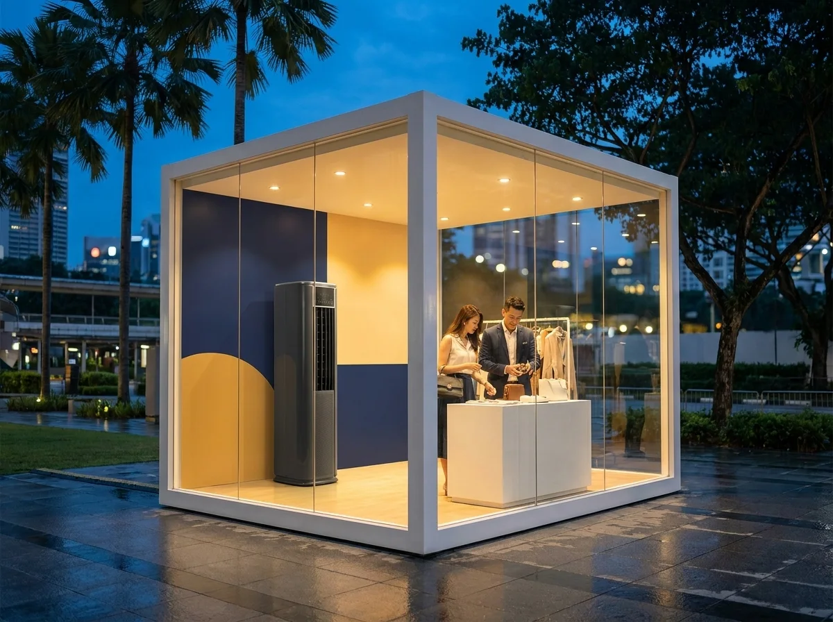 Portable air conditioner cooling a glass-walled pop-up store on a Singapore mall forecourt at dusk