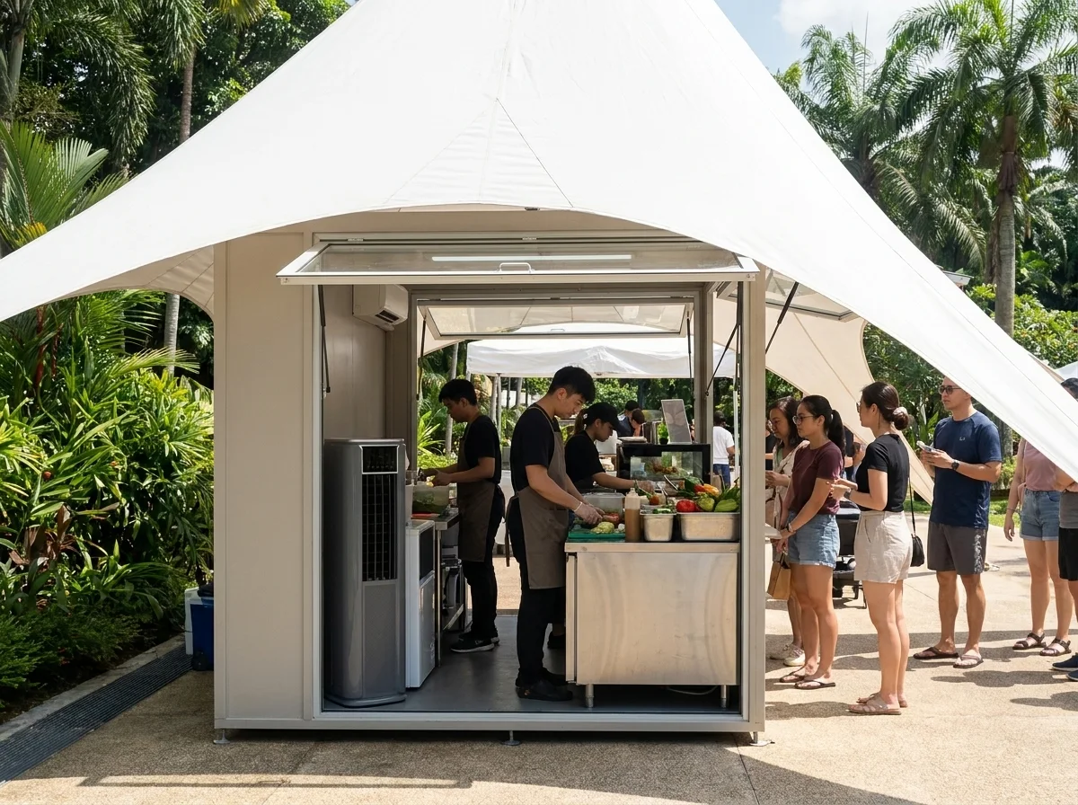 Portable air conditioner cooling an enclosed food preparation cabin at a Singapore outdoor event