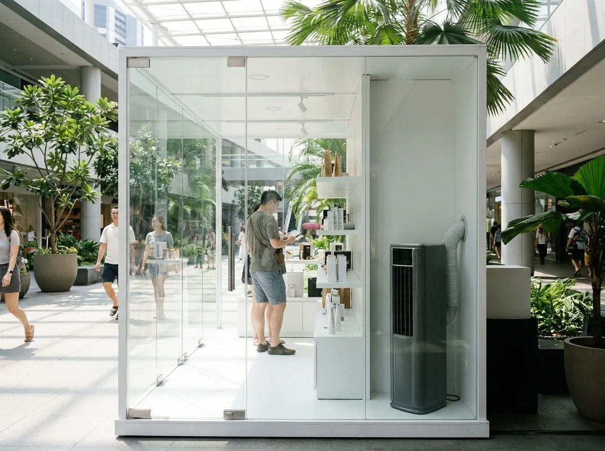 Slim portable air conditioner standing against the wall inside a small pop-up store interior