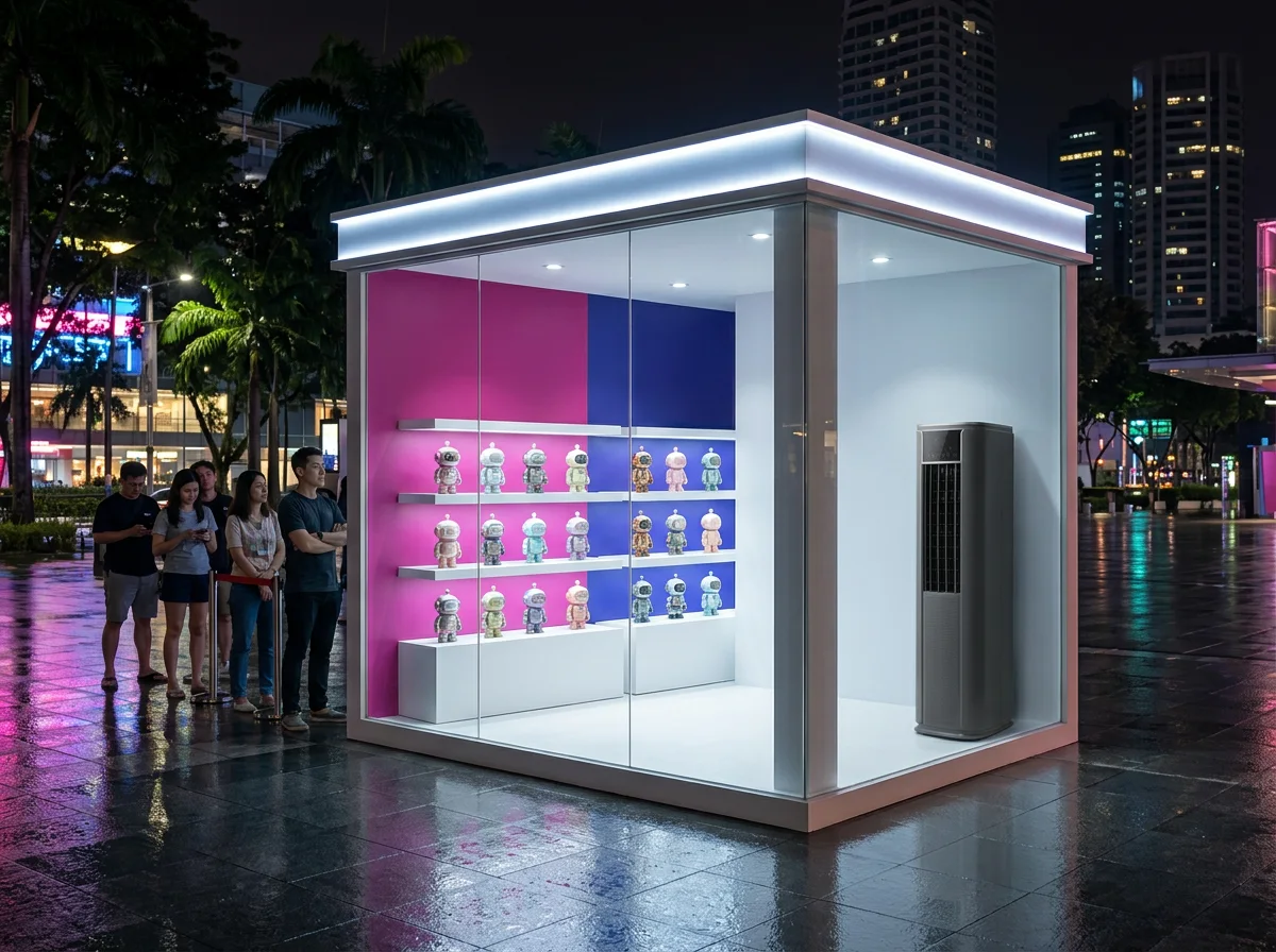 Portable aircon inside a lit glass pop-up activation at night in Singapore