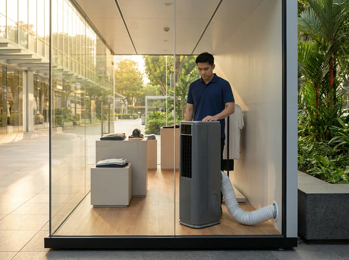 AANRS crew testing a portable air conditioner inside a finished pop-up store before opening