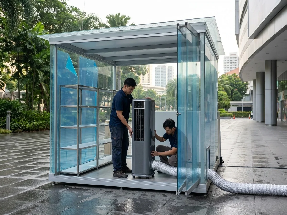 AANRS crew positioning a portable air conditioner inside a glass pop-up structure before opening
