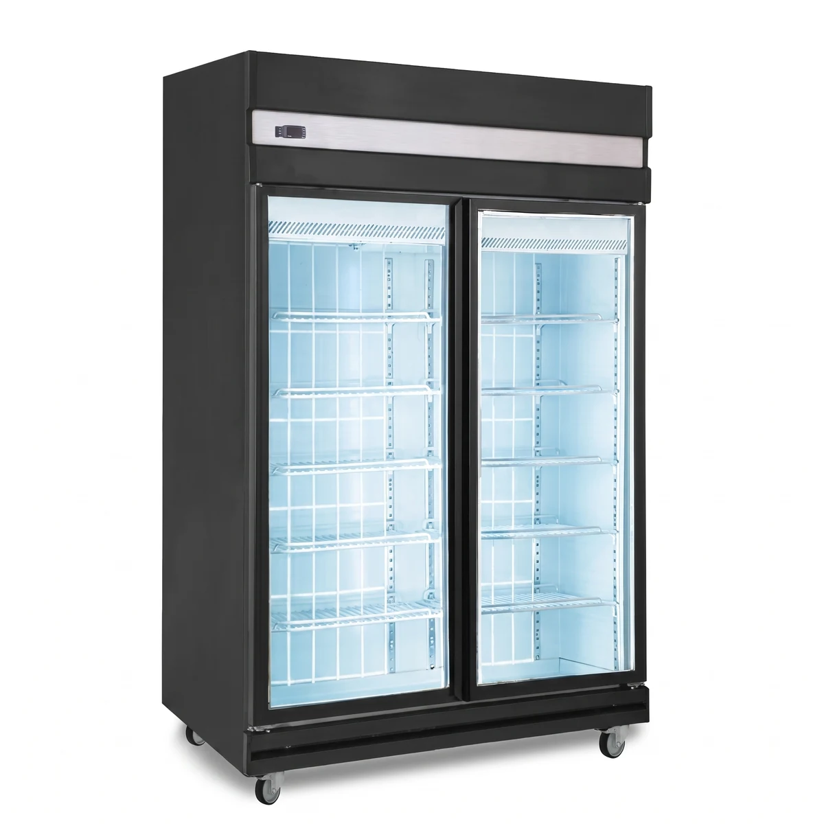 AANRS Kojima 882L two-door glass display freezer rental Singapore, black cabinet with lit glass doors and wire shelves