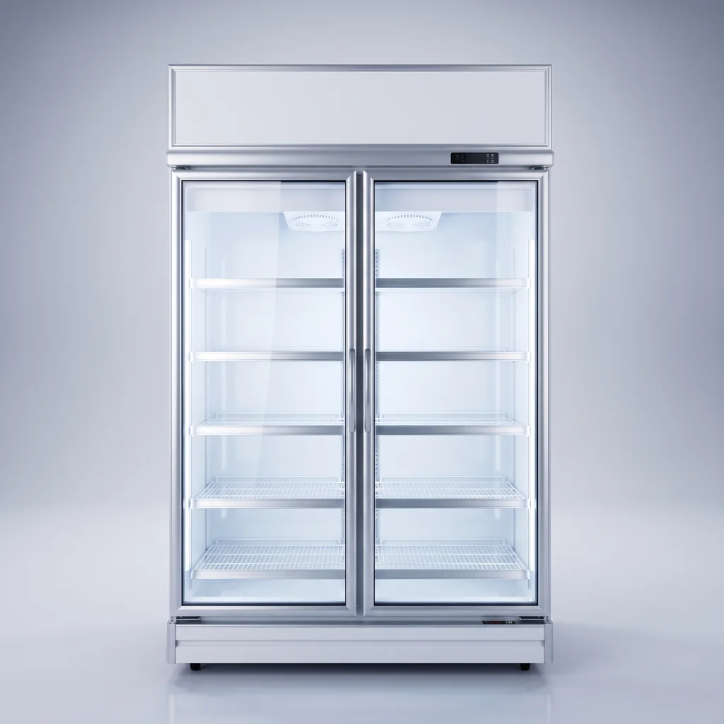 AANRS drink chiller rental Singapore, YODA Glass Display 2 Door Chiller, full unit on a plain studio background