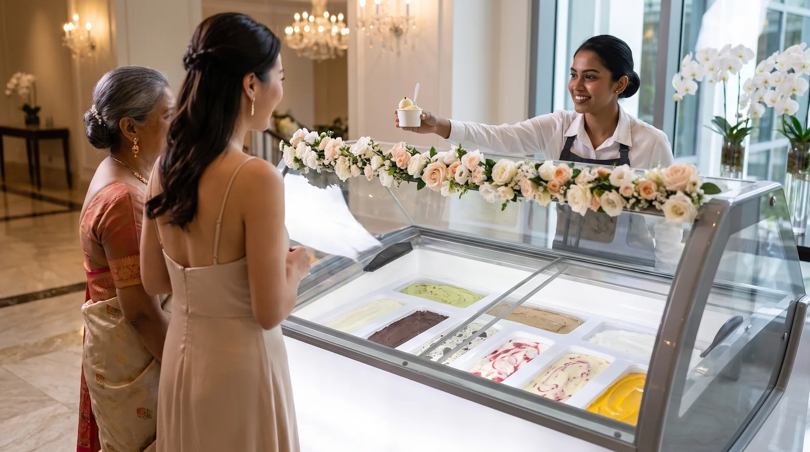 AANRS gelato freezer rental Singapore, scooping for guests at a wedding