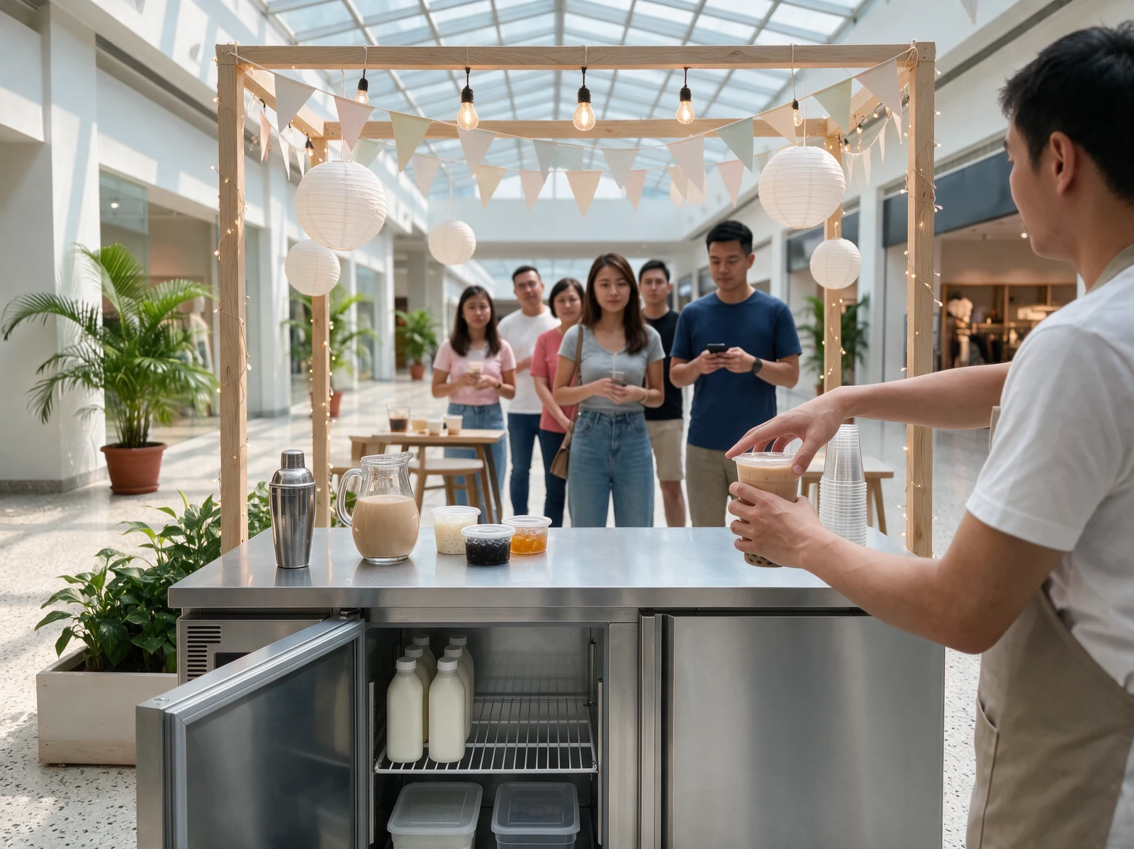 AANRS Hoshizaki rental Singapore, undercounter chiller as the working counter of a bubble tea pop-up in a mall atrium