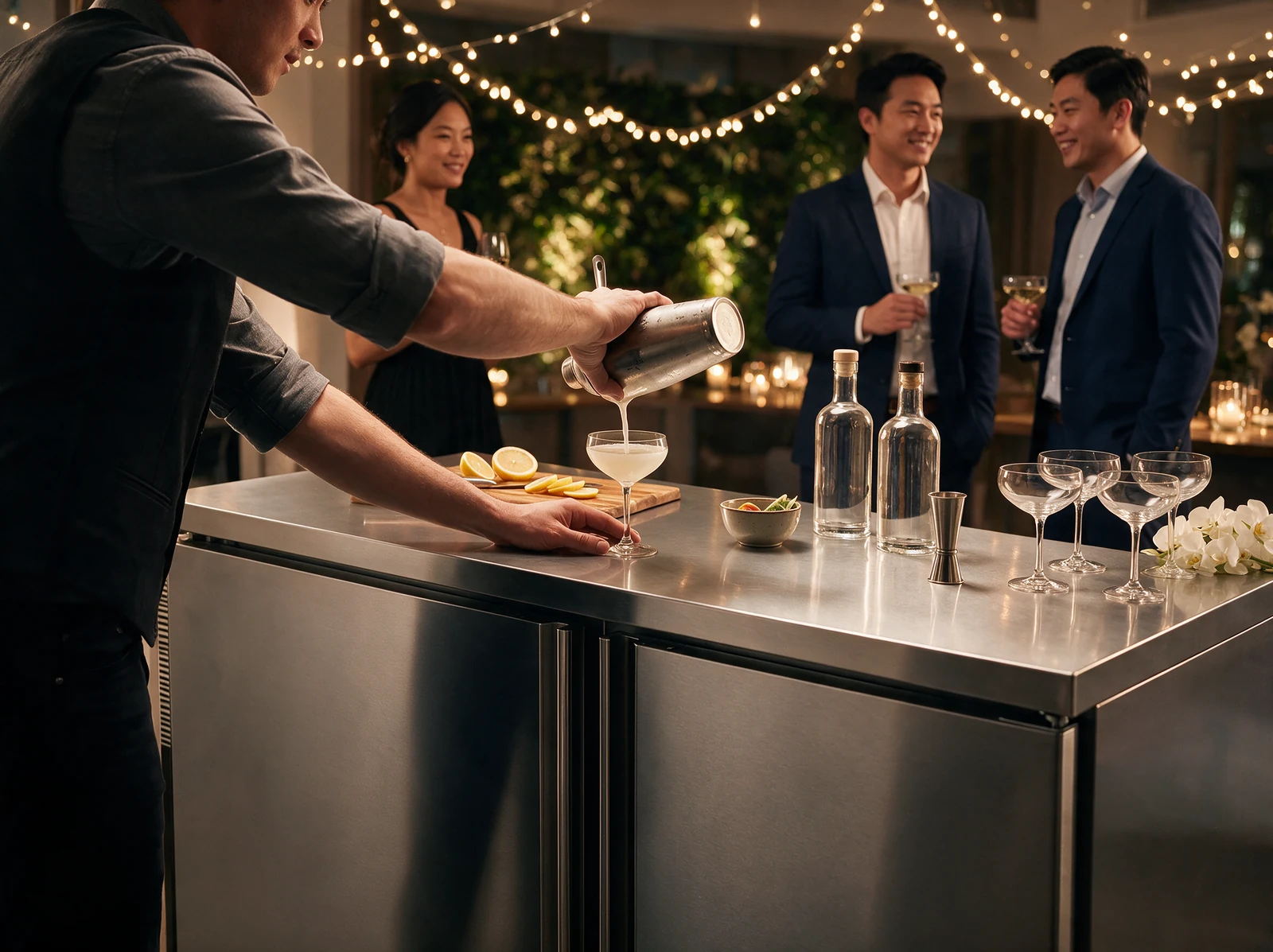 AANRS Hoshizaki rental Singapore, bartender straining a cocktail on an undercounter chiller at an evening reception