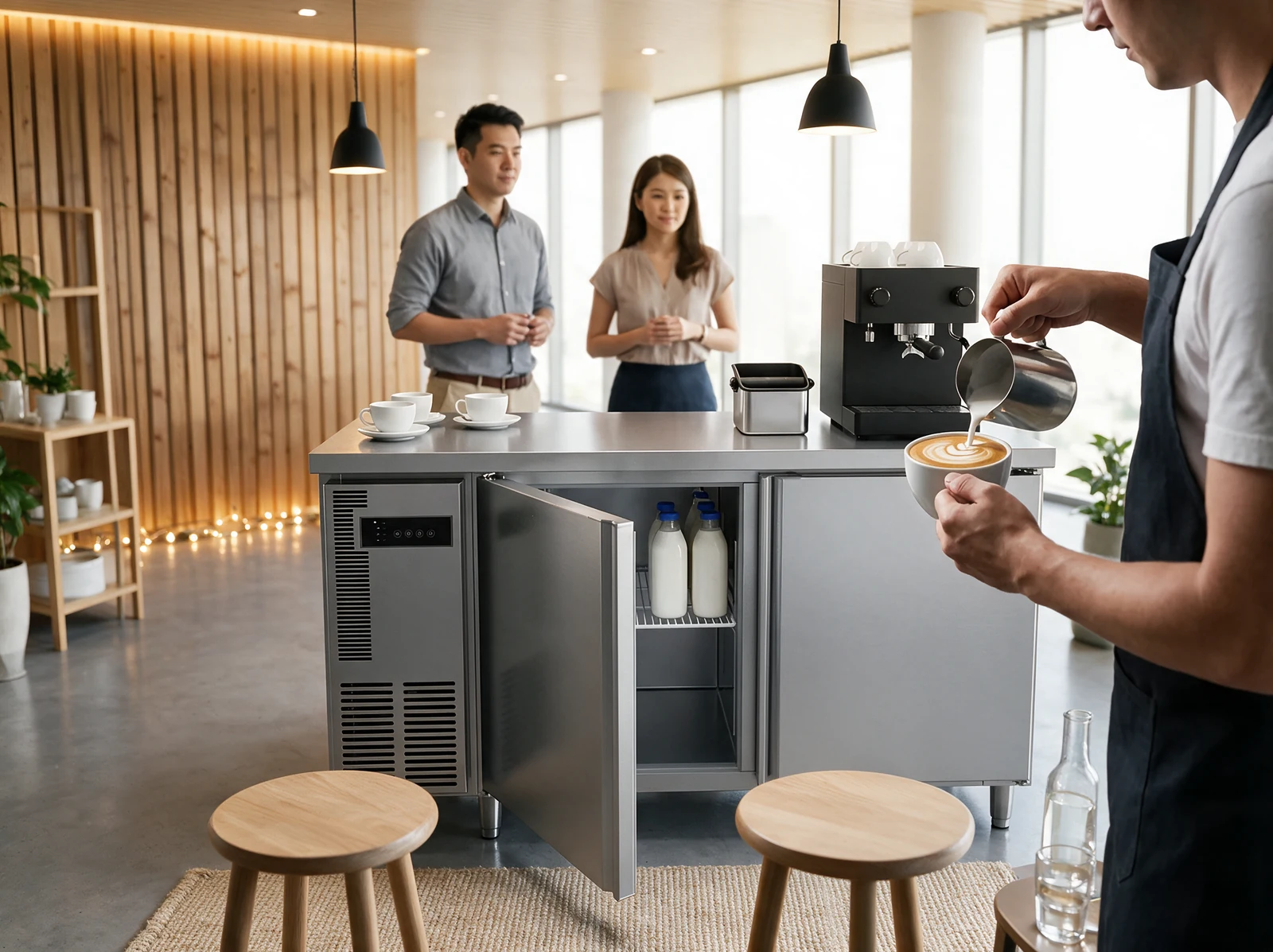 AANRS Hoshizaki rental Singapore, barista pouring latte art at a roadshow coffee bar built on an undercounter chiller