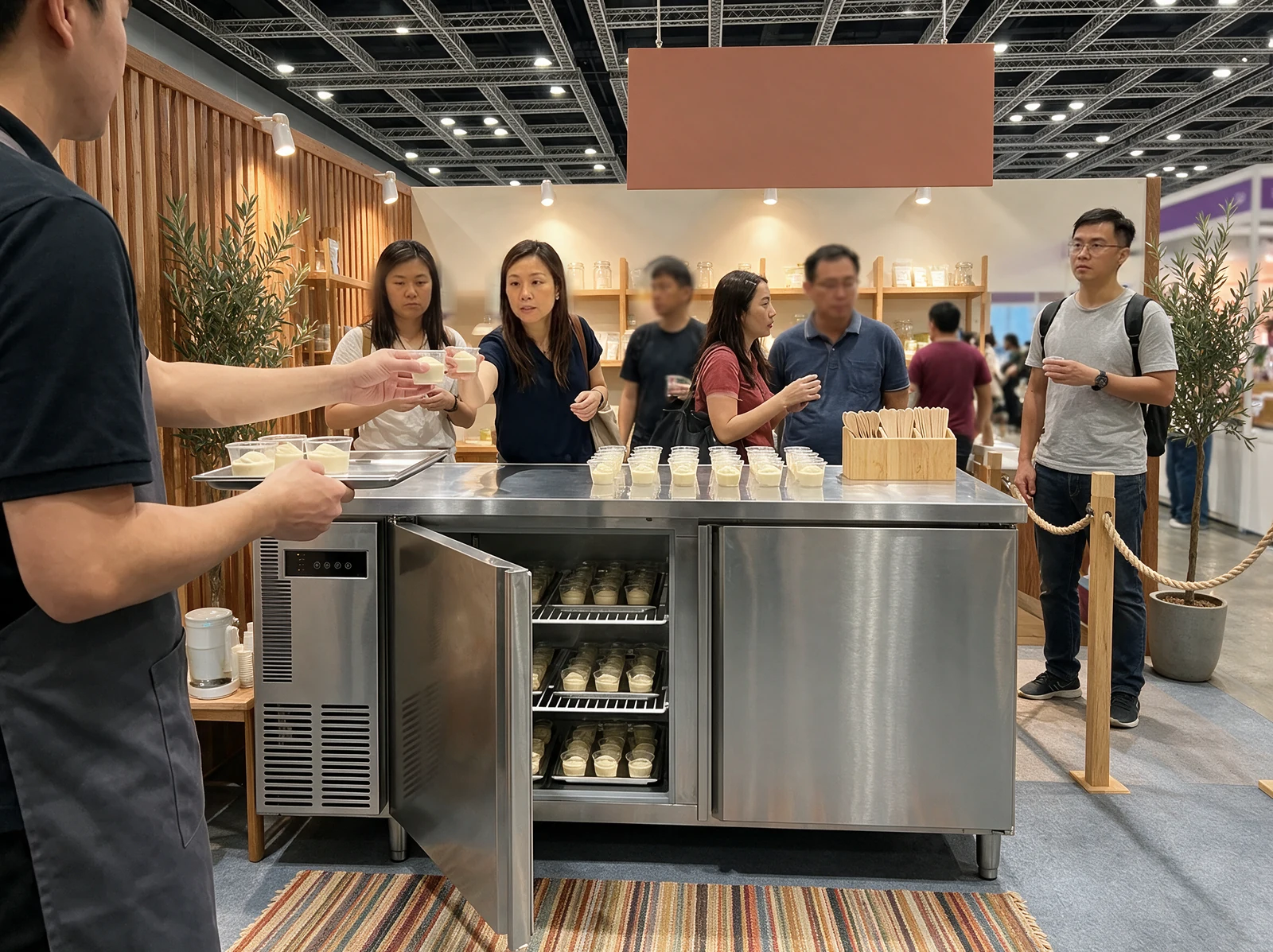 AANRS Hoshizaki rental Singapore, tasting booth at a food expo with samples chilling inside the undercounter chiller