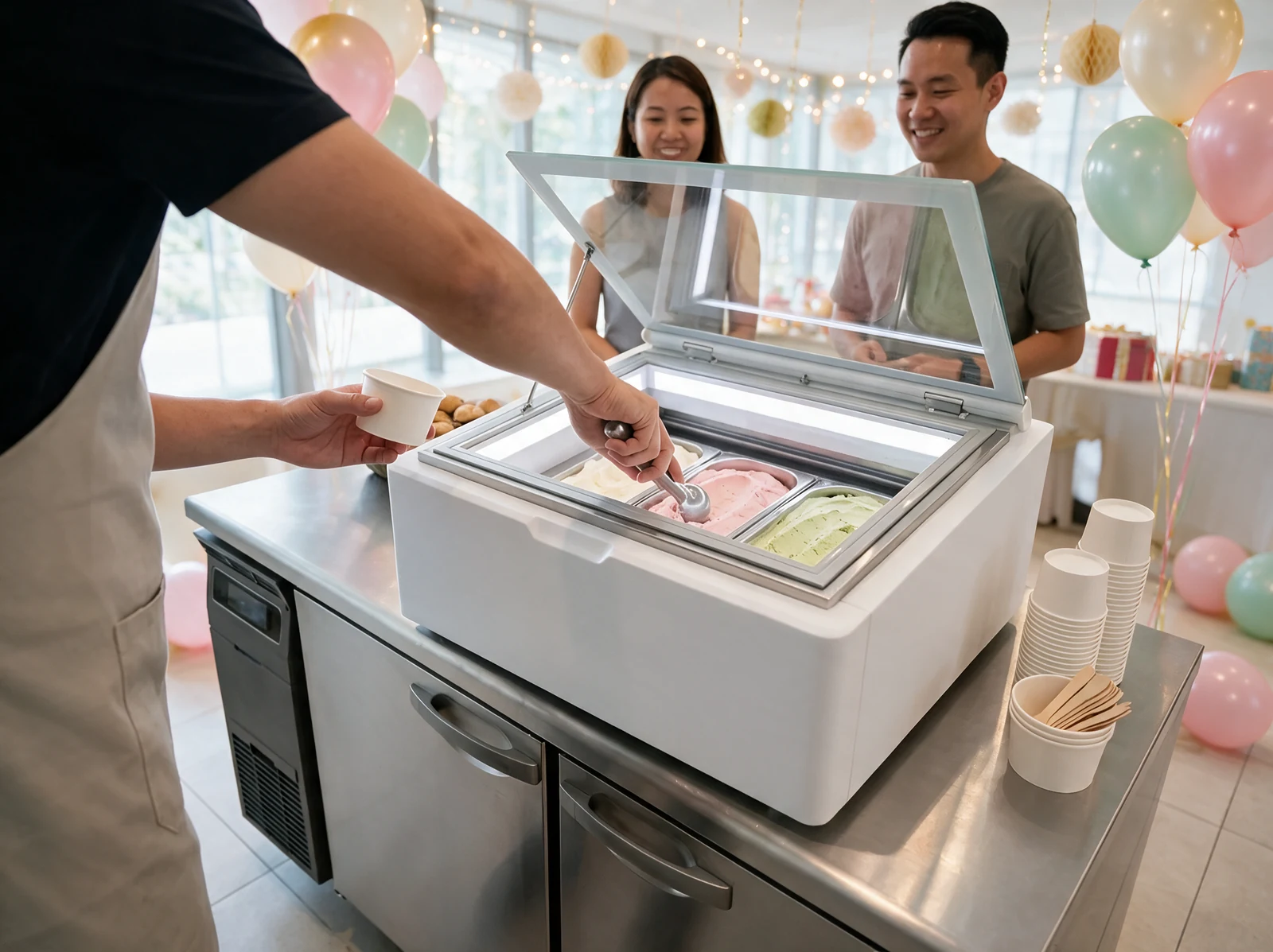 AANRS Hoshizaki rental Singapore, gelato station on an undercounter freezer at a party with balloons and decorations