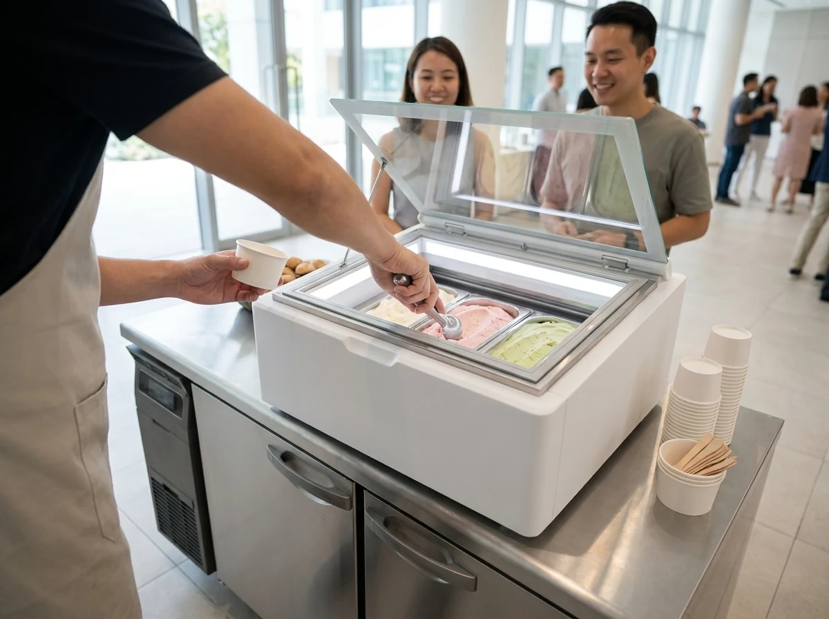 AANRS Hoshizaki rental Singapore, 3-tub gelato display freezer serving from the top of an undercounter freezer at an indoor event