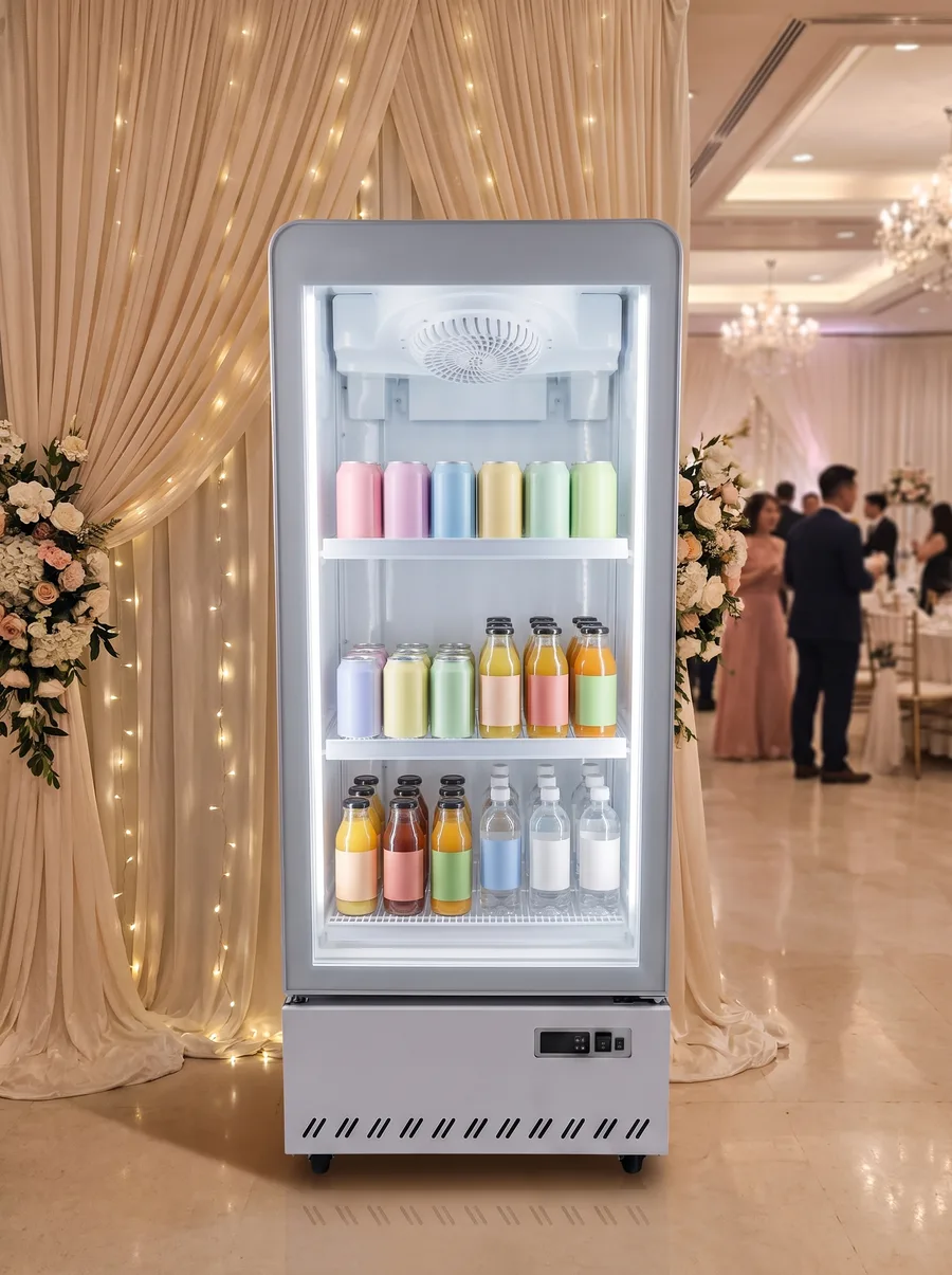 AANRS drink chiller rental Singapore, Kojima 255L Glass Display 1 Door Drink Chiller, styled for an event