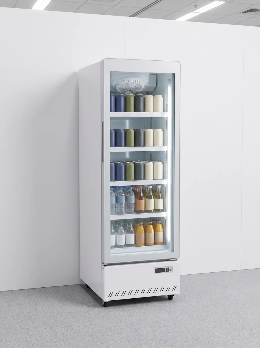 AANRS drink chiller rental Singapore, Kojima 380L Glass Display 1 Door Drink Chiller, styled for an event